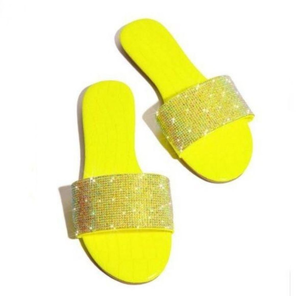 Neon Yellow Embellished Snake Embossed Slides - Picture 3 of 4